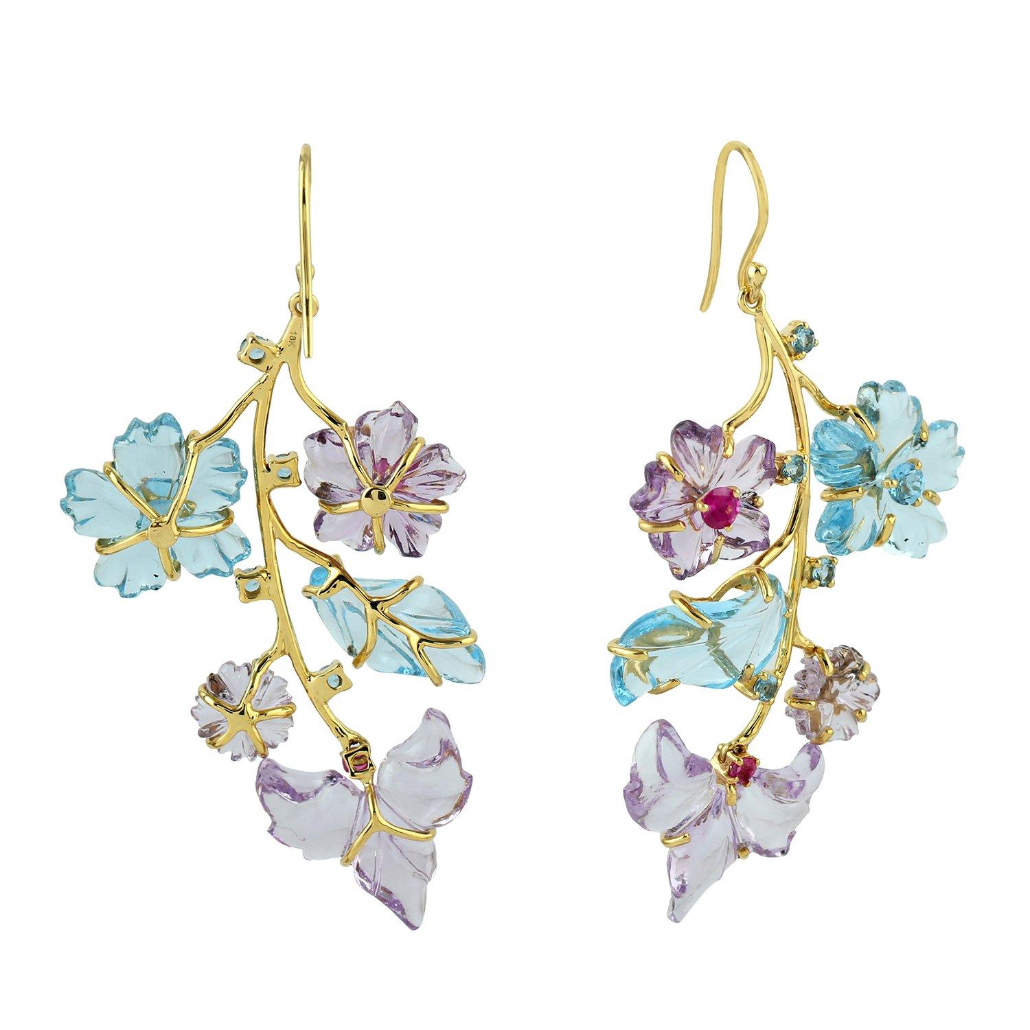 Modern Carved Amethyst Topaz 18 Karat Gold Triple Drop Flower Earrings For Sale