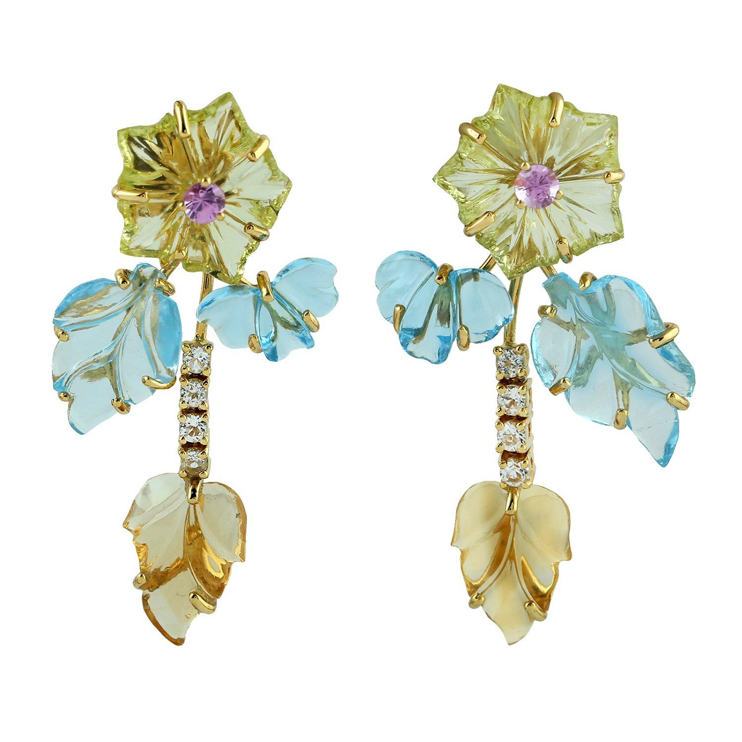Mixed Cut Carved Amethyst Topaz 18 Karat Gold Triple Drop Flower Earrings For Sale