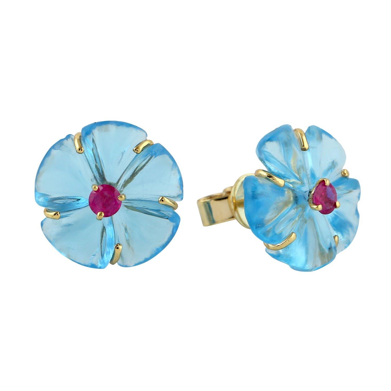 Carved Amethyst Topaz 18 Karat Gold Triple Drop Flower Earrings For Sale 1