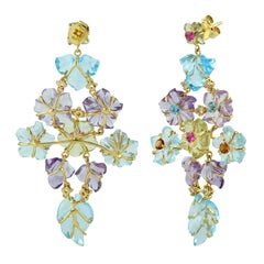 Carved Amethyst Topaz Citrine 18 Karat Gold Flower Earrings