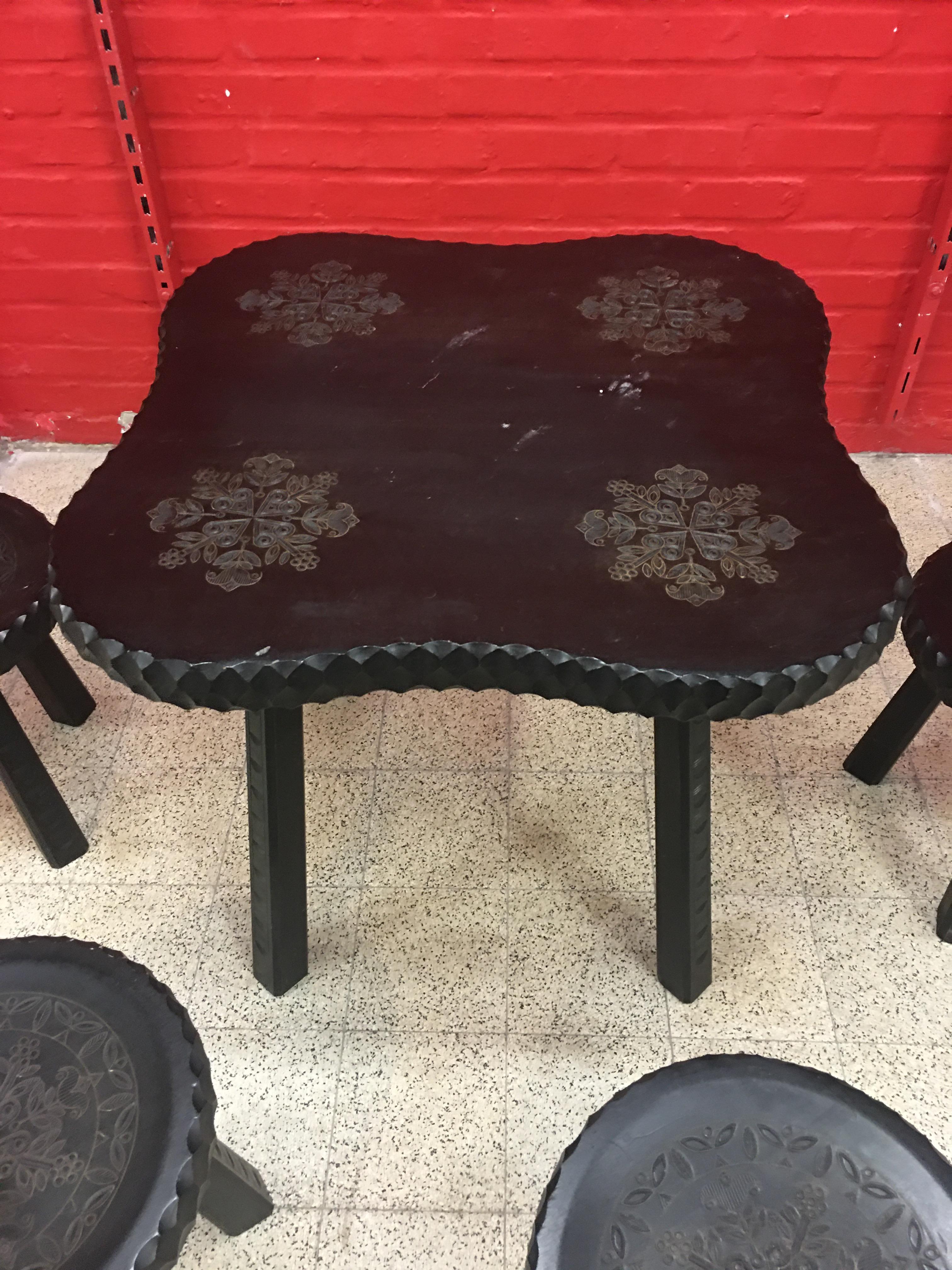 Carved and Blackened Wooden Table, circa 1950-1960 In Good Condition For Sale In Saint-Ouen, FR