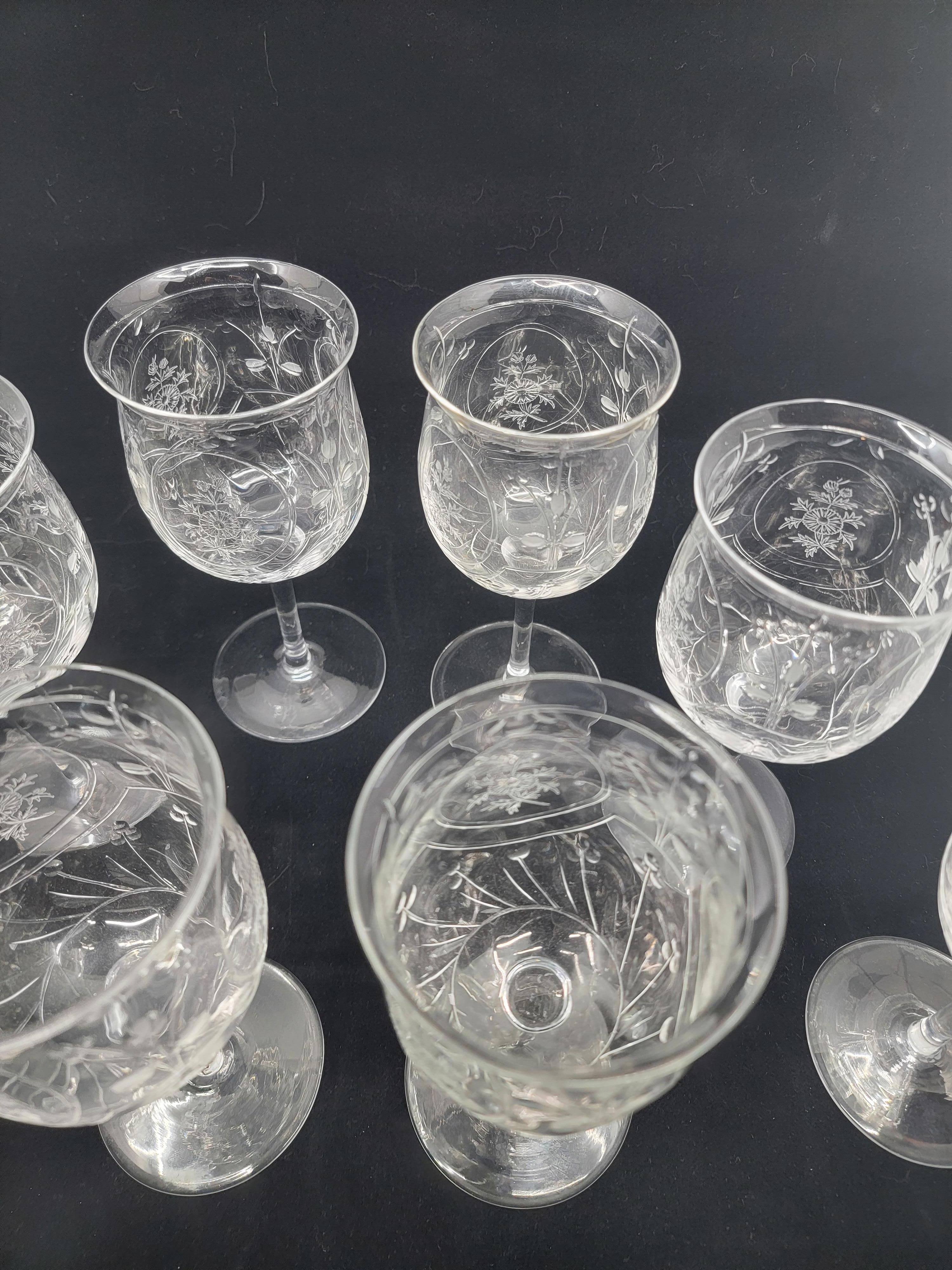 I know little about these crystal goblets but that they are gorgeous. They are hand etched. They were purchased in the 70's by a client that I went shopping with near New Brunswick, NJ. There is a major highway that now runs over the sight of the