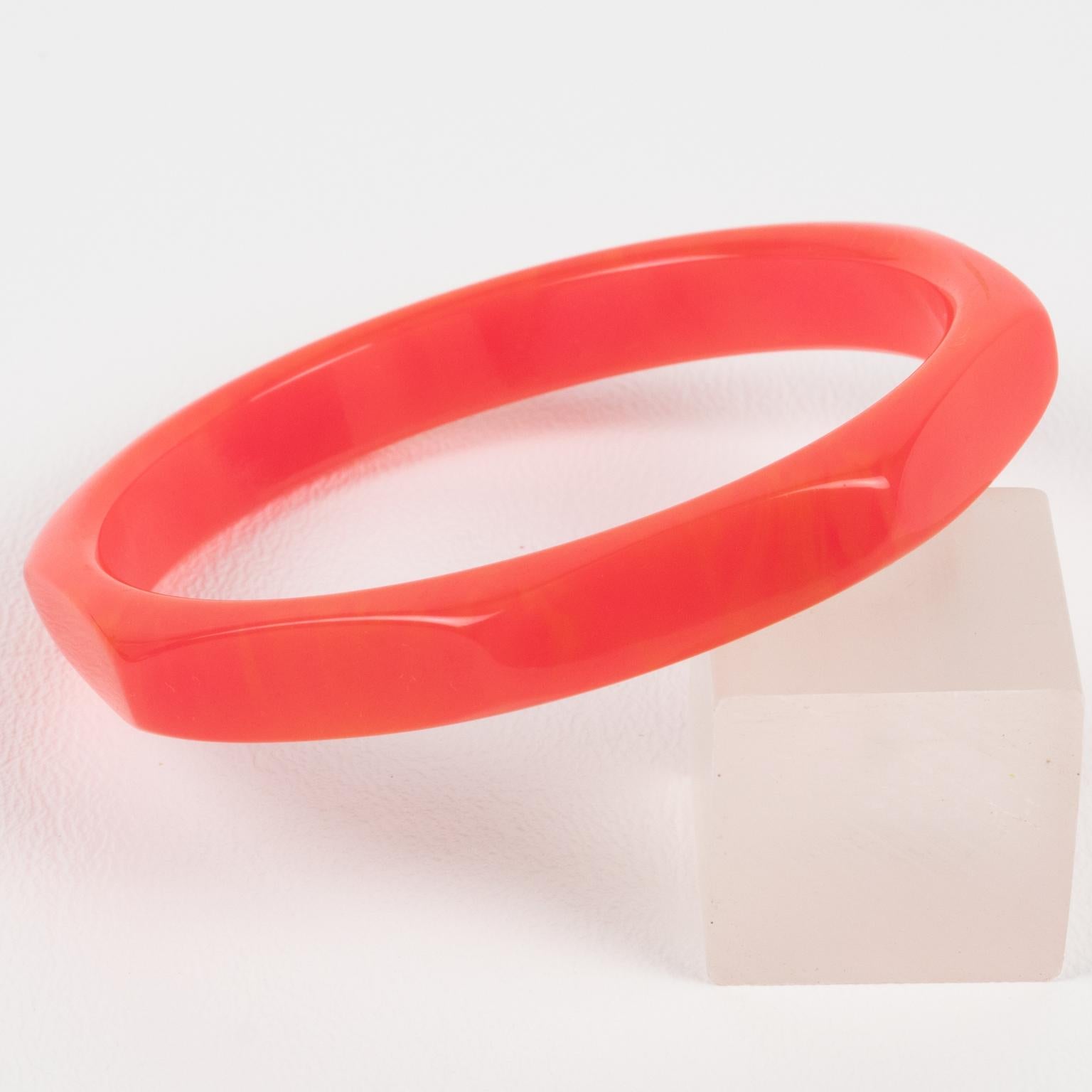 Women's or Men's Carved and Faceted Bakelite Bracelet Bangle Pink Tequila Marble For Sale