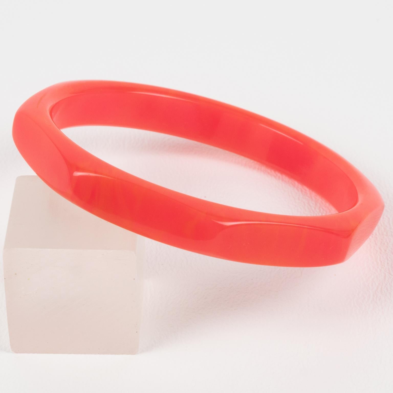 Carved and Faceted Bakelite Bracelet Bangle Pink Tequila Marble For Sale 3