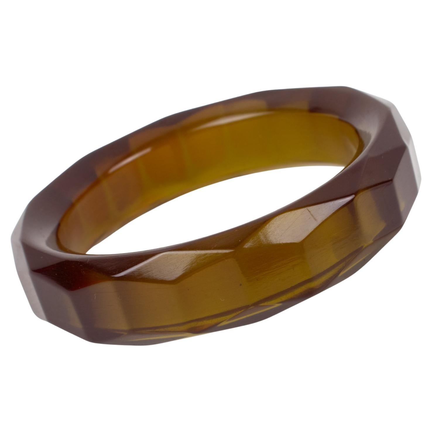 Carved and Faceted Bakelite Bracelet Bangle Prystal Olive Oil