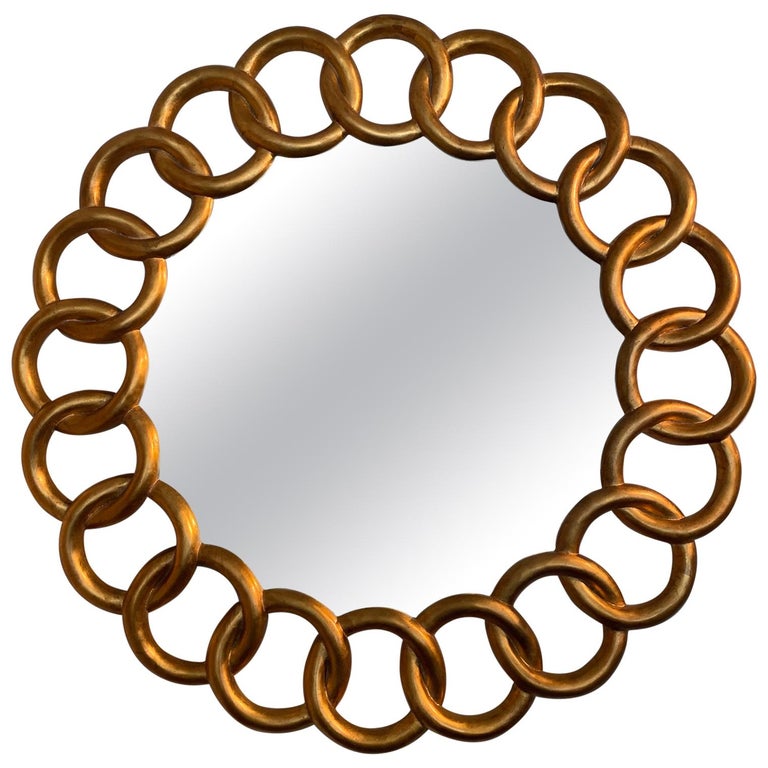 Carved and Gilded Large Round Mirror by Harrison and Gil For Sale at