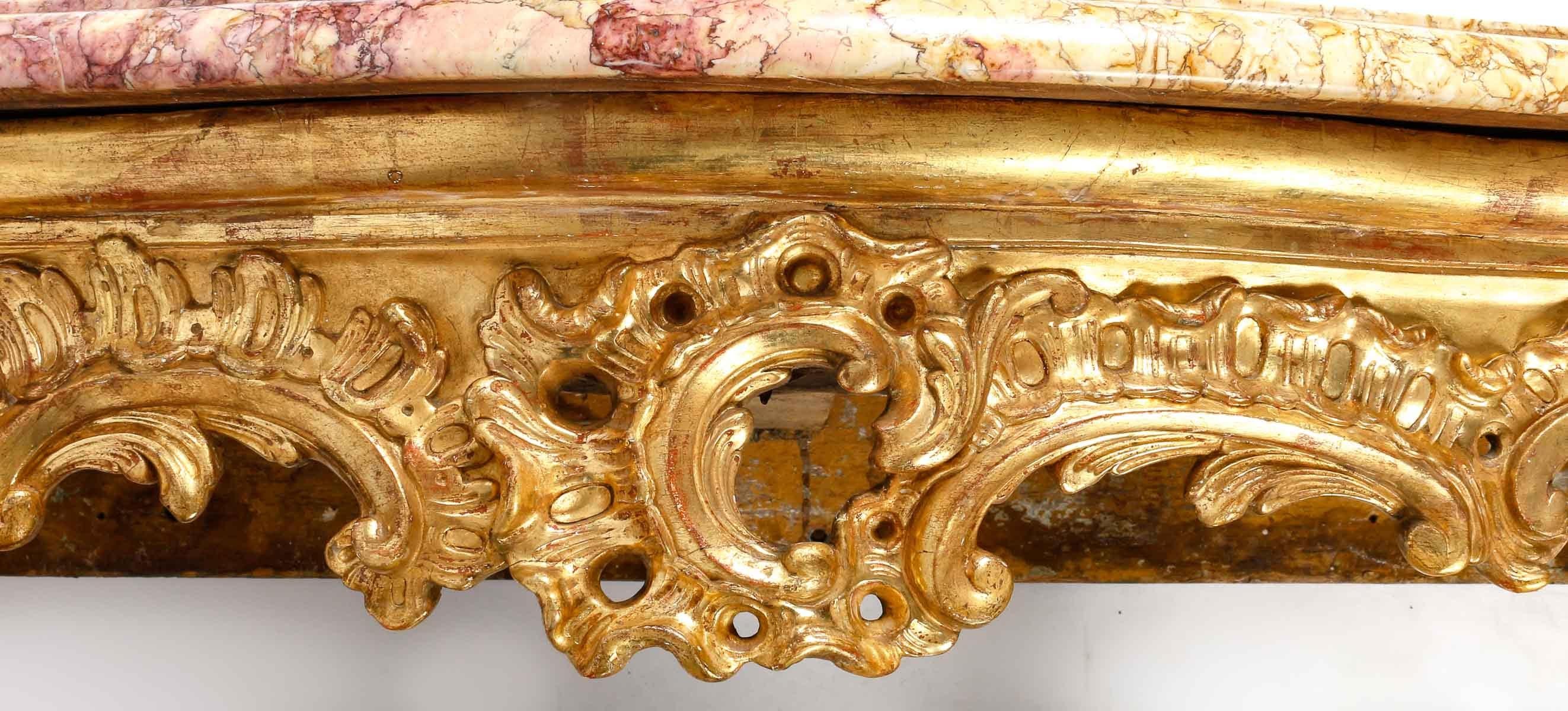 French Carved and Gilded Wood Console, Marble Top, 18th Century. For Sale