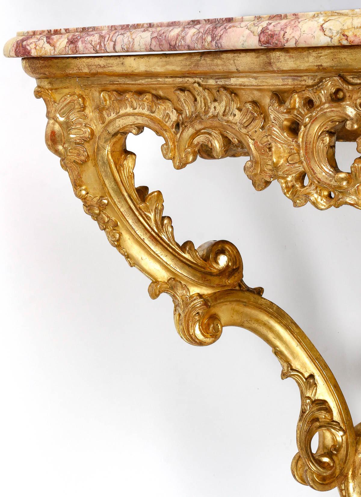 18th Century and Earlier Carved and Gilded Wood Console, Marble Top, 18th Century. For Sale