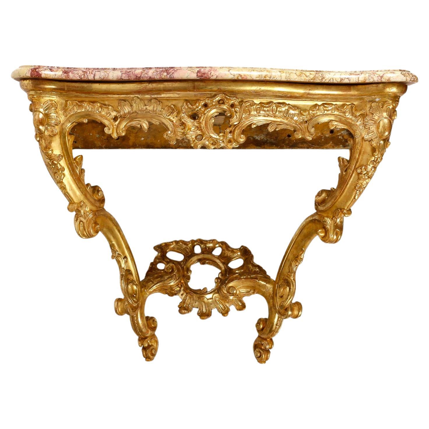 Carved and Gilded Wood Console, Marble Top, 18th Century. For Sale