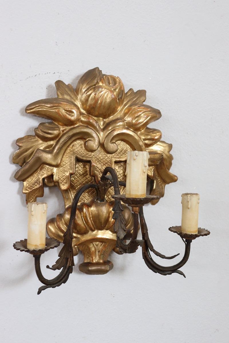 Gilt Carved and Gilded Wood Pair of Sconces 