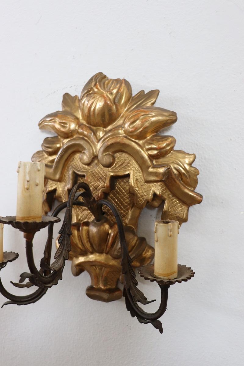 Late 20th Century Carved and Gilded Wood Pair of Sconces 