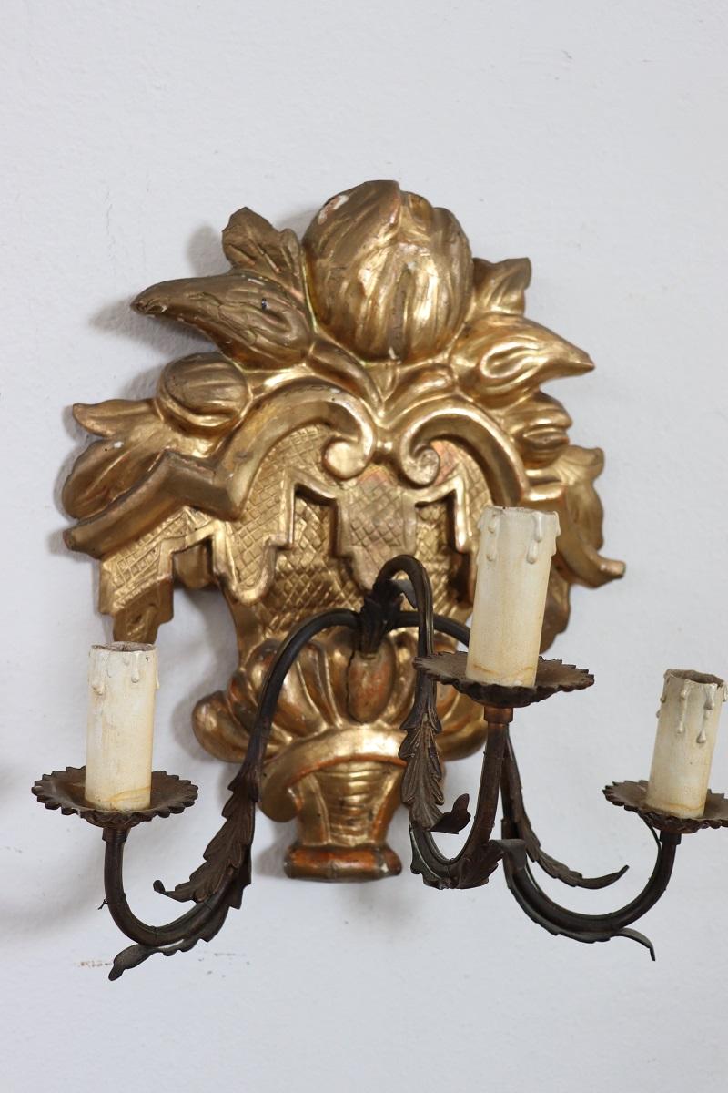 Fir Carved and Gilded Wood Pair of Sconces 