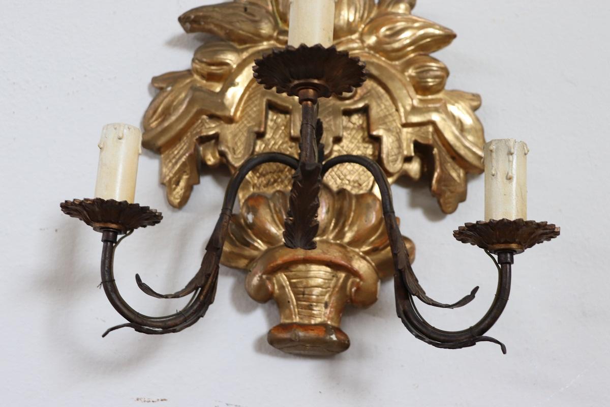 Carved and Gilded Wood Pair of Sconces  1