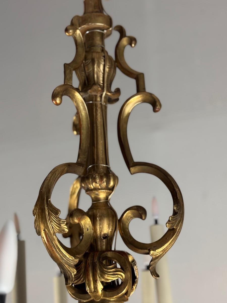 Lampadario in legno intagliato e dorato, 18 bracci luminosi, Italia 1880 circa in vendita 1