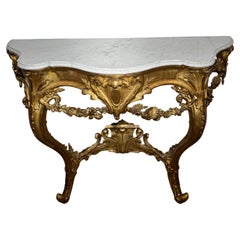 Antique Carved And Gilded Wooden Wall Console Table With White Marble Top - 19th Century