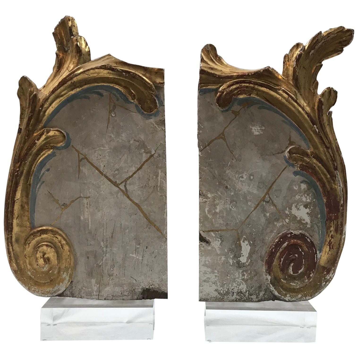 Carved and Gilt Fragments with Polychrome Finish on Custom Acrylic Stand For Sale