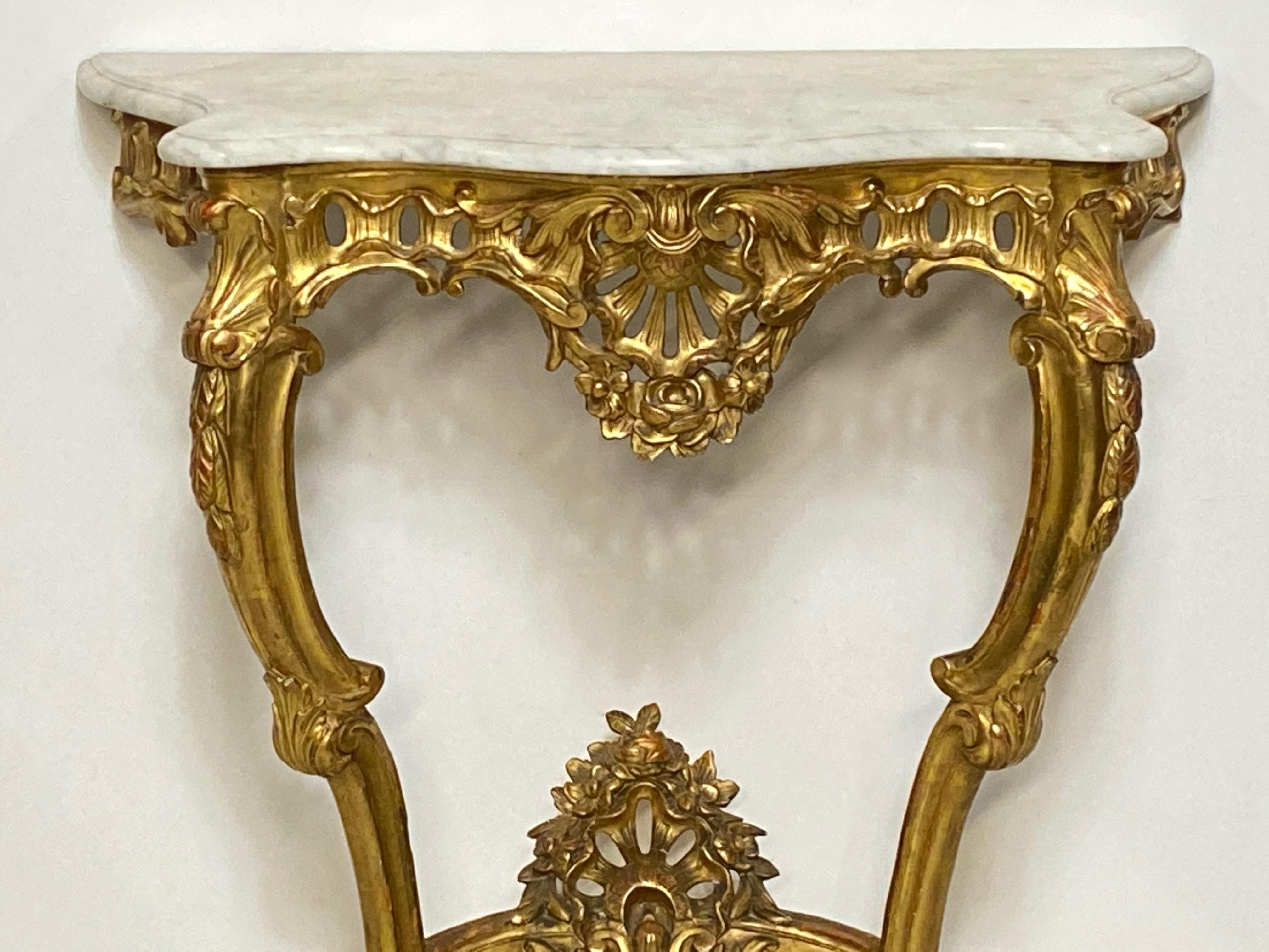 Hand-Carved Carved and Giltwood Console Table with Marble Top, Italian, 19th Century
