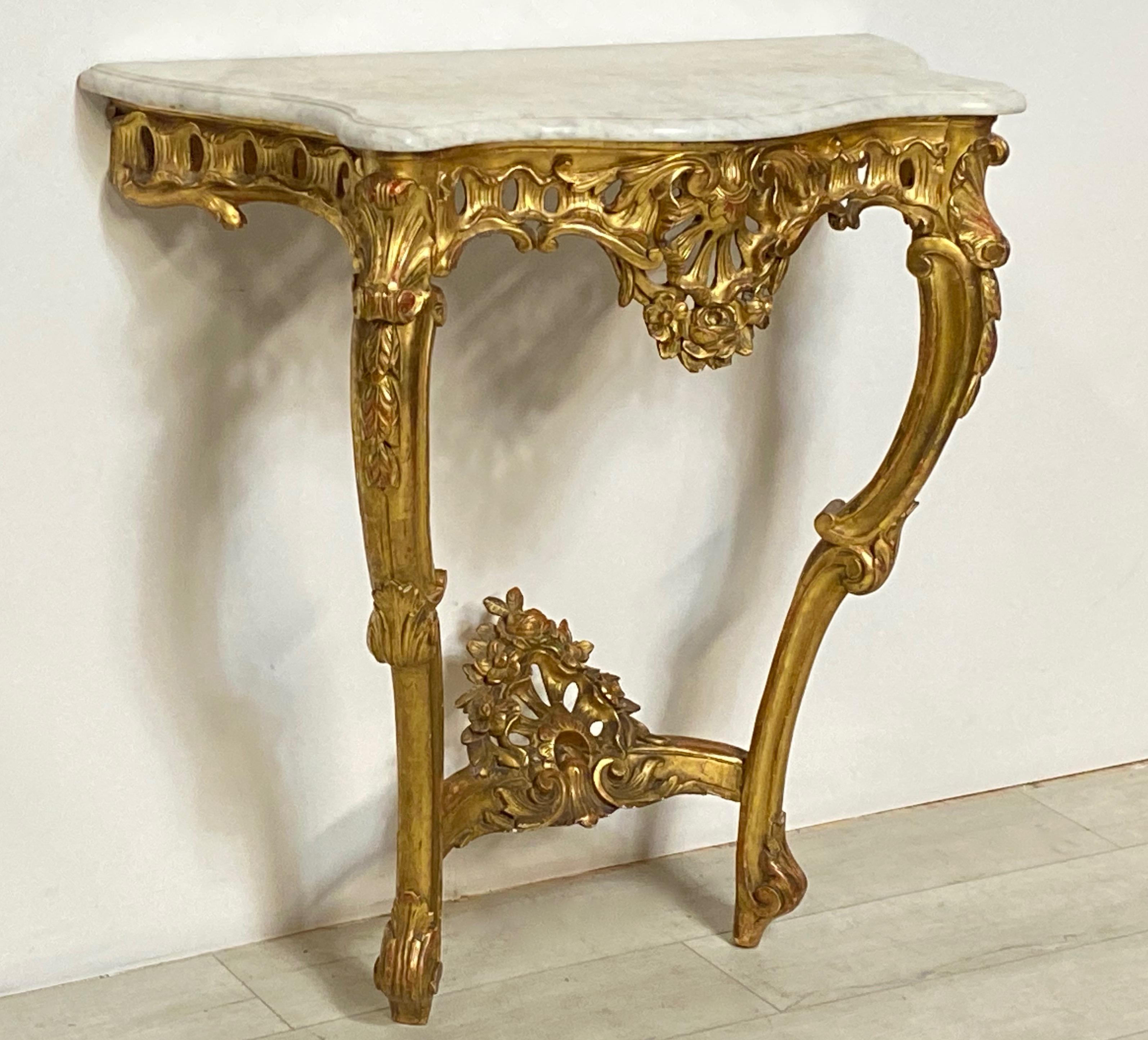 Carved and Giltwood Console Table with Marble Top, Italian, 19th Century In Good Condition In San Francisco, CA