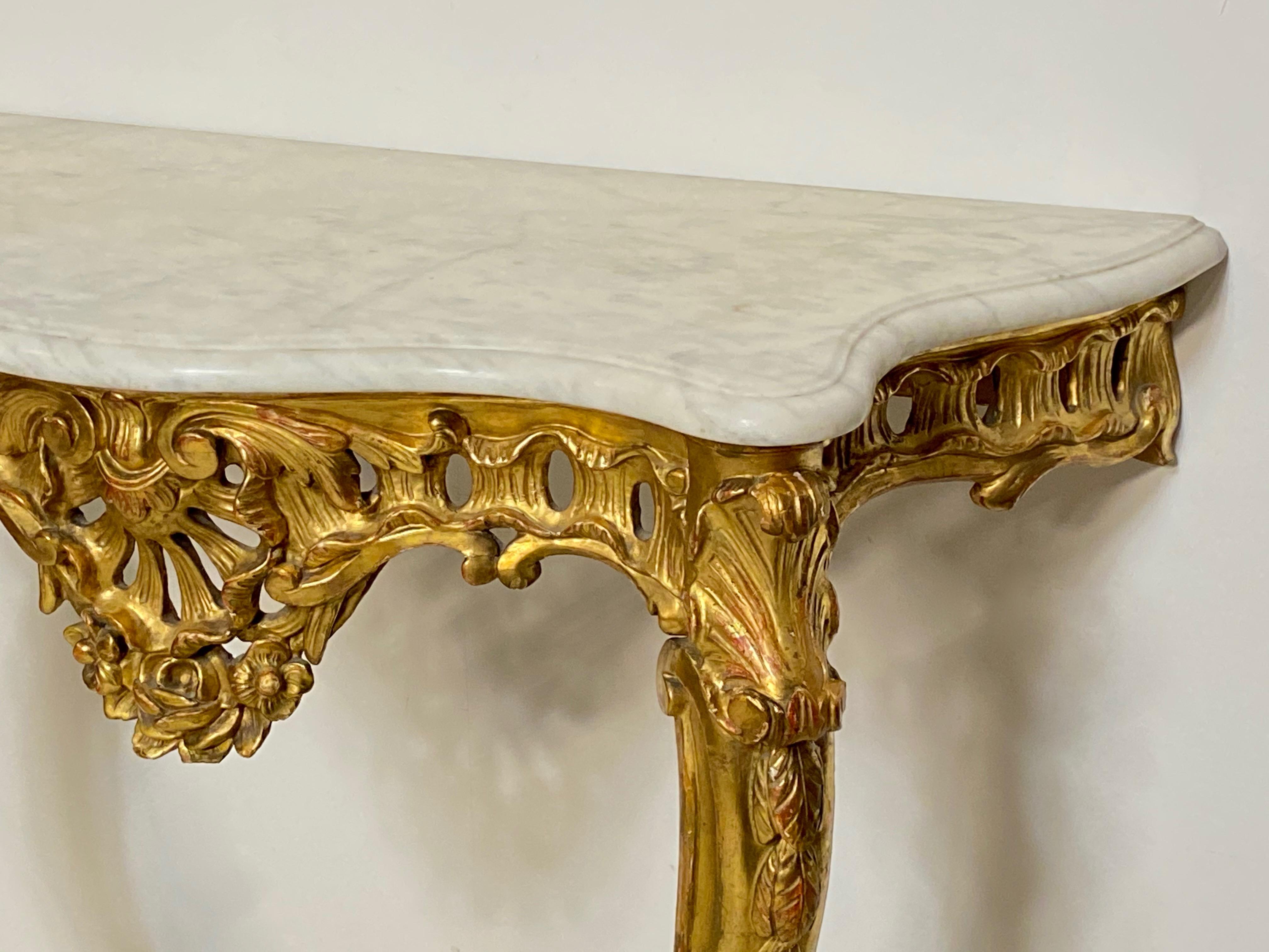 Wood Carved and Giltwood Console Table with Marble Top, Italian, 19th Century