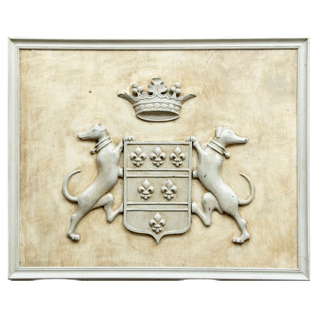 Carved And Paint Decorated Antique Heraldic Relief Panel  With Hounds For Sale