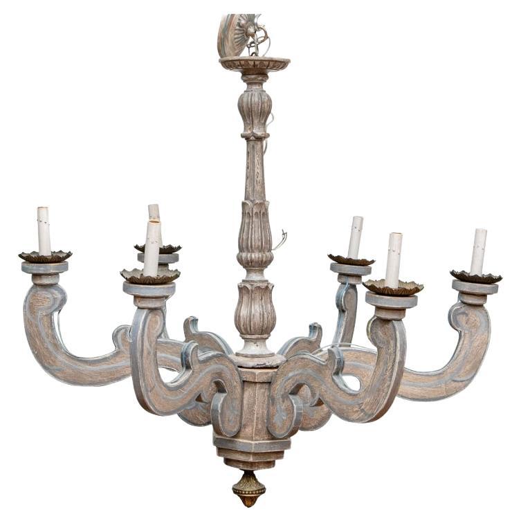 Carved And Paint Decorated Wood Six Light Chandelier