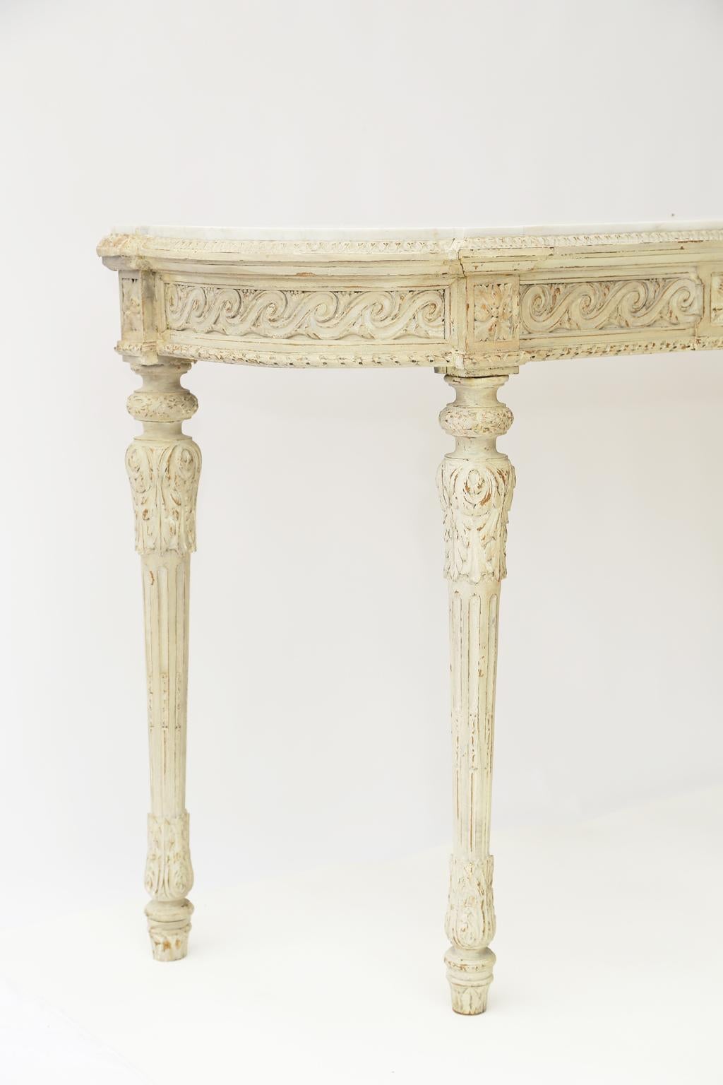 Louis XVI Carved and Painted 19th Century Belgian Console Table with Carrara Marble Top For Sale