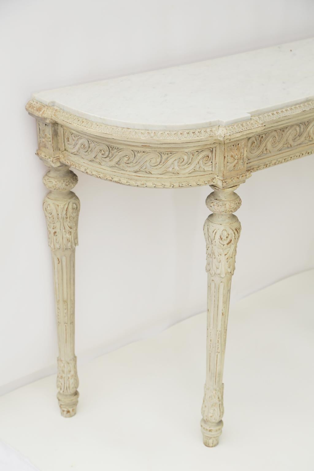 Hand-Carved Carved and Painted 19th Century Belgian Console Table with Carrara Marble Top For Sale