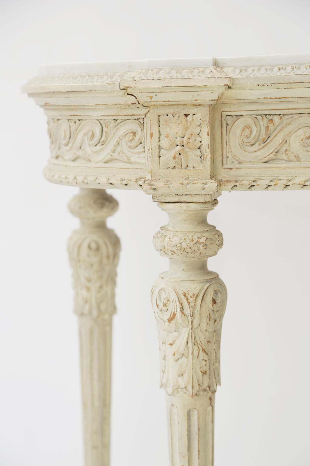 Carved and Painted 19th Century Belgian Console Table with Carrara Marble Top For Sale 1
