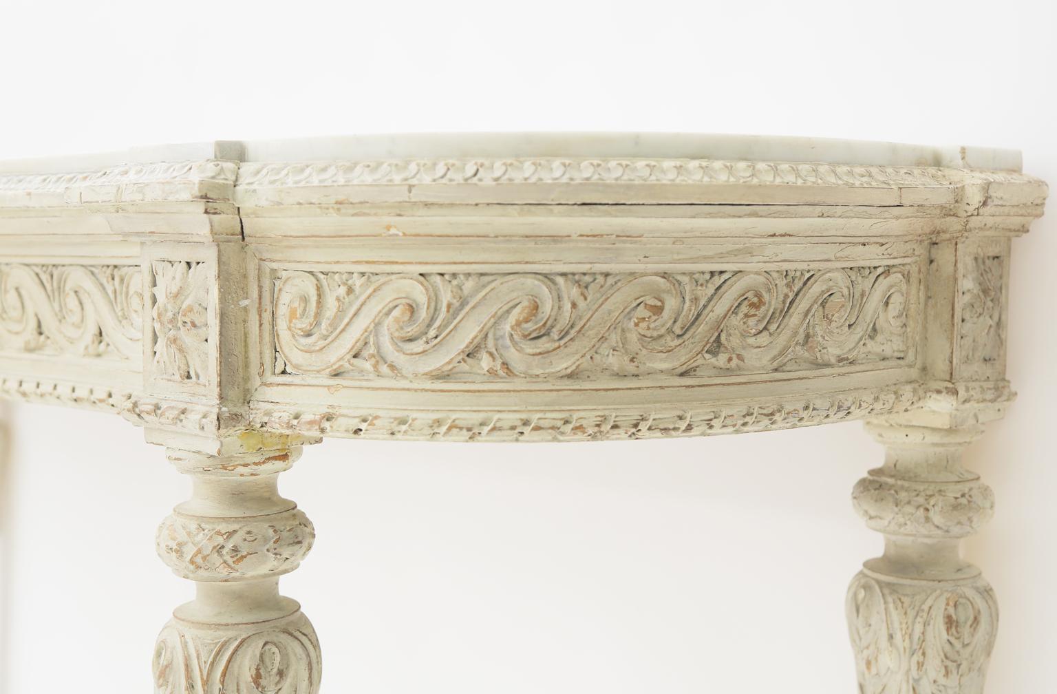 Carved and Painted 19th Century Belgian Console Table with Carrara Marble Top For Sale 2