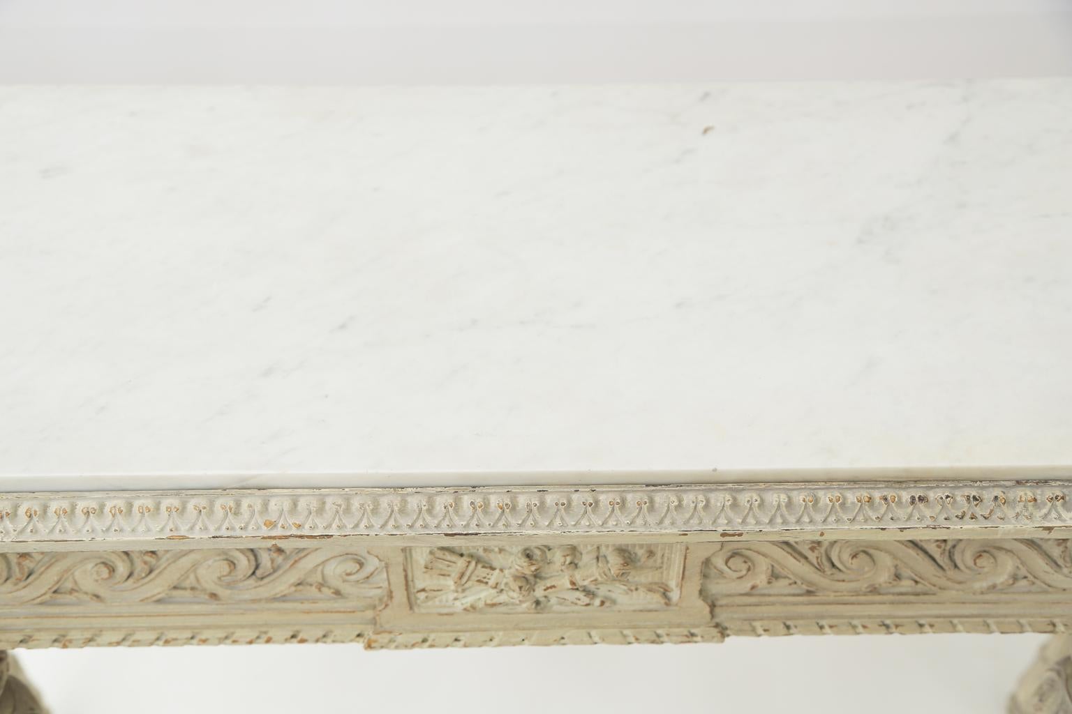 Carved and Painted 19th Century Belgian Console Table with Carrara Marble Top For Sale 3