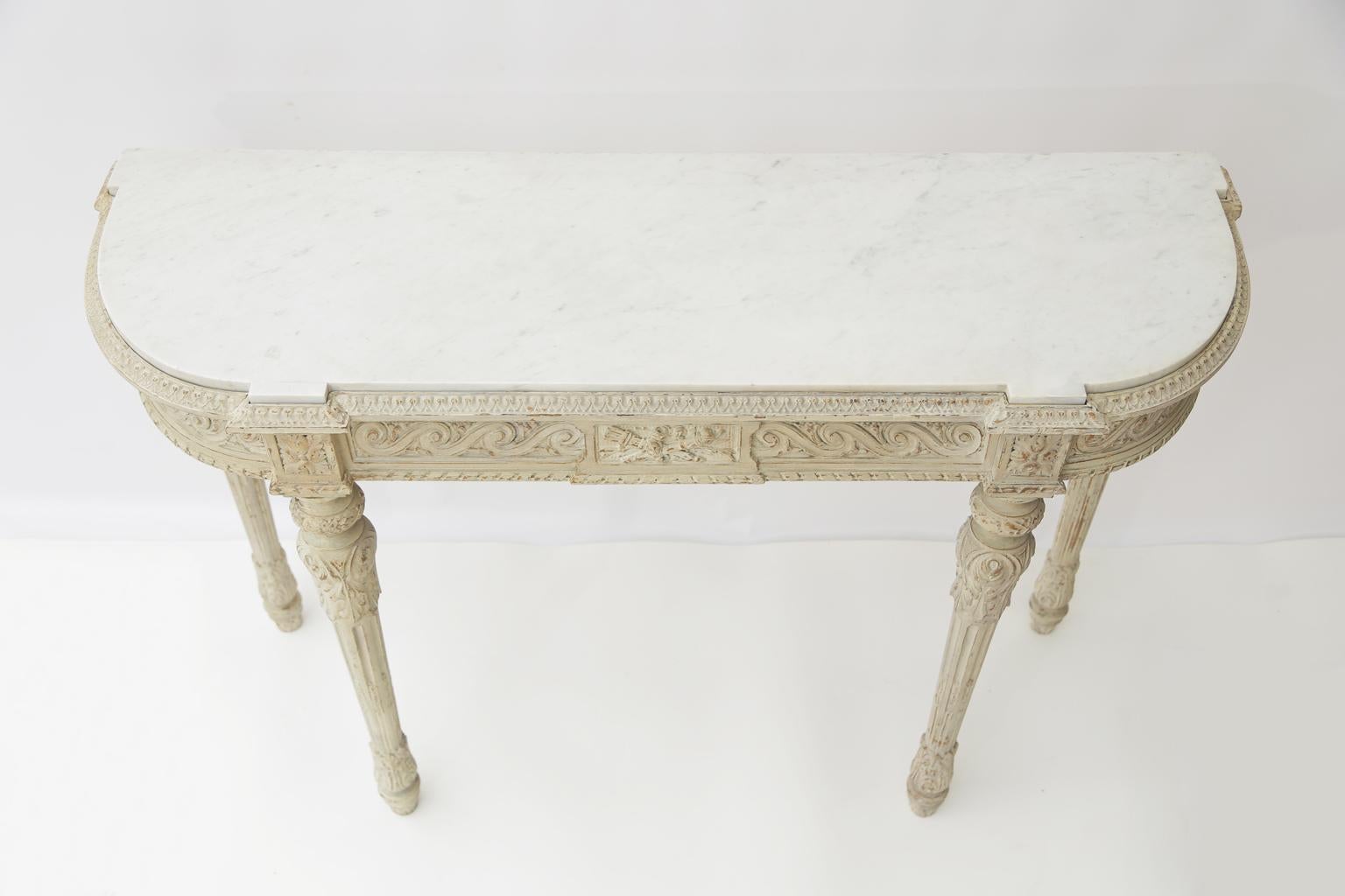 Carved and Painted 19th Century Belgian Console Table with Carrara Marble Top For Sale 4