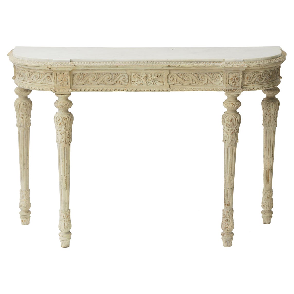 Table console belge du 19ème siècle sculptée et peinte avec plateau en marbre de Carrare
