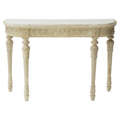 Table console belge du 19ème siècle sculptée et peinte avec plateau en marbre de Carrare