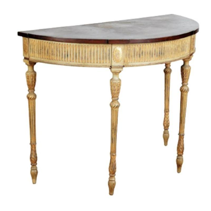 Hand-Crafted Carved and Painted Adam Style Demi Lune Console with Gilt Detail For Sale