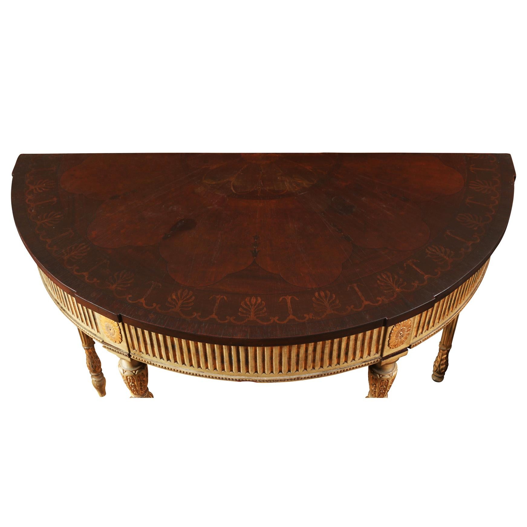 Carved and Painted Adam Style Demi Lune Console with Gilt Detail In Good Condition For Sale In Locust Valley, NY