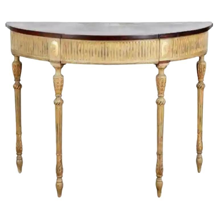 Carved and Painted Adam Style Demi Lune Console with Gilt Detail For Sale