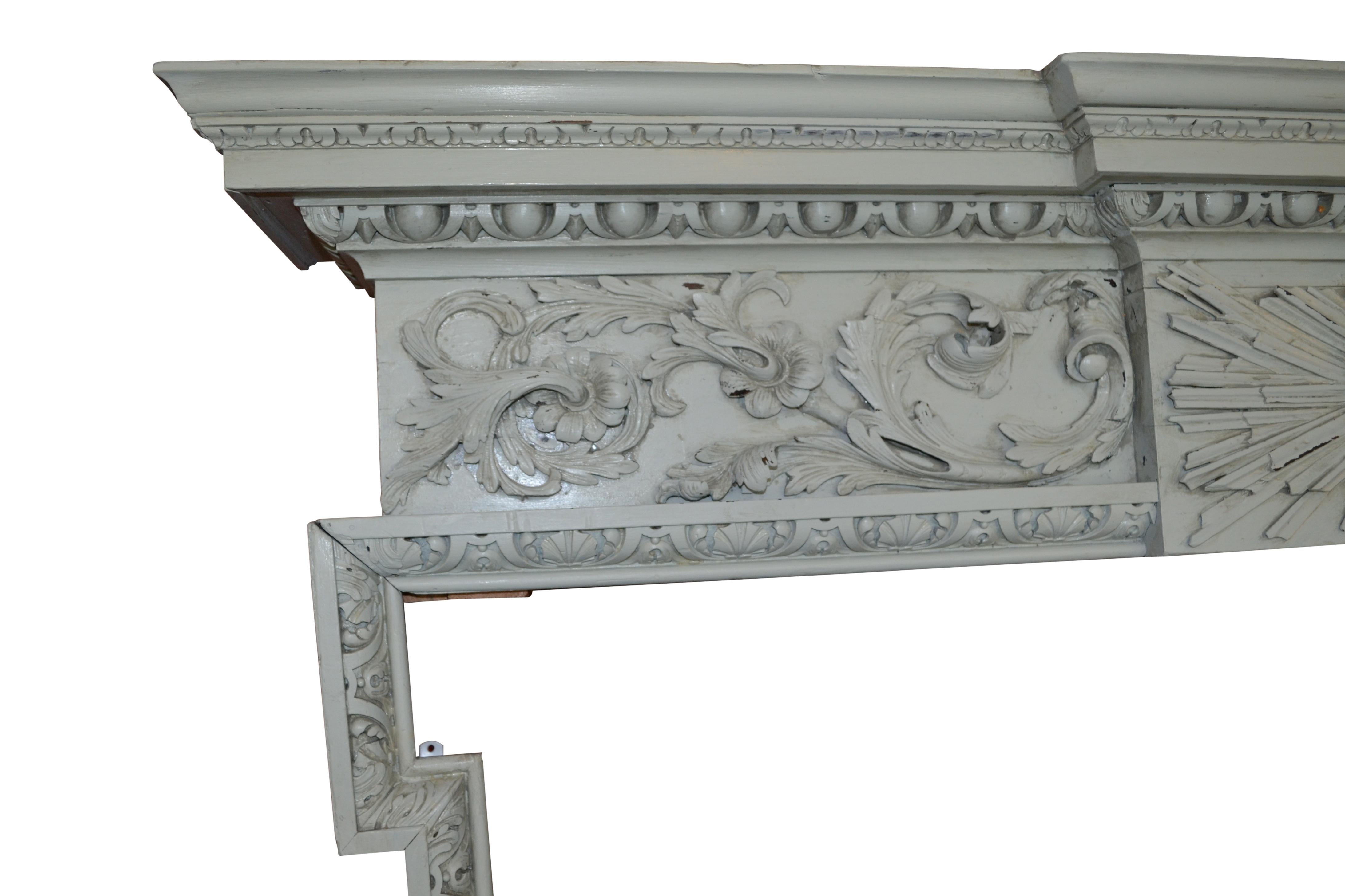 English Carved and Painted Pinewood, 18 Century Fireplace Mantle or Chimneypiece For Sale
