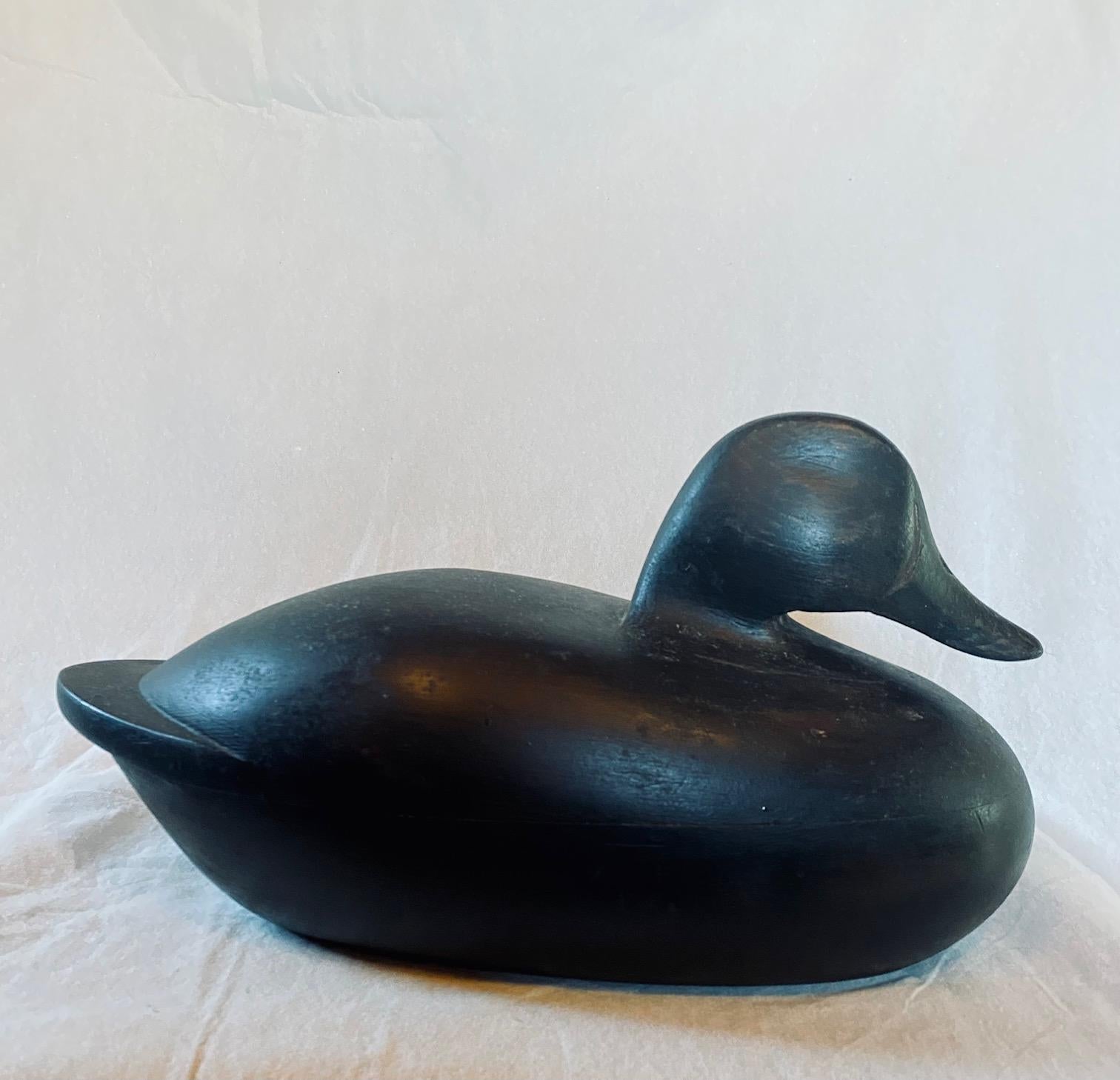 Folk Art Carved and Painted Black Duck Decoy, by Pat Gardner, Nantucket, circa 1960s For Sale