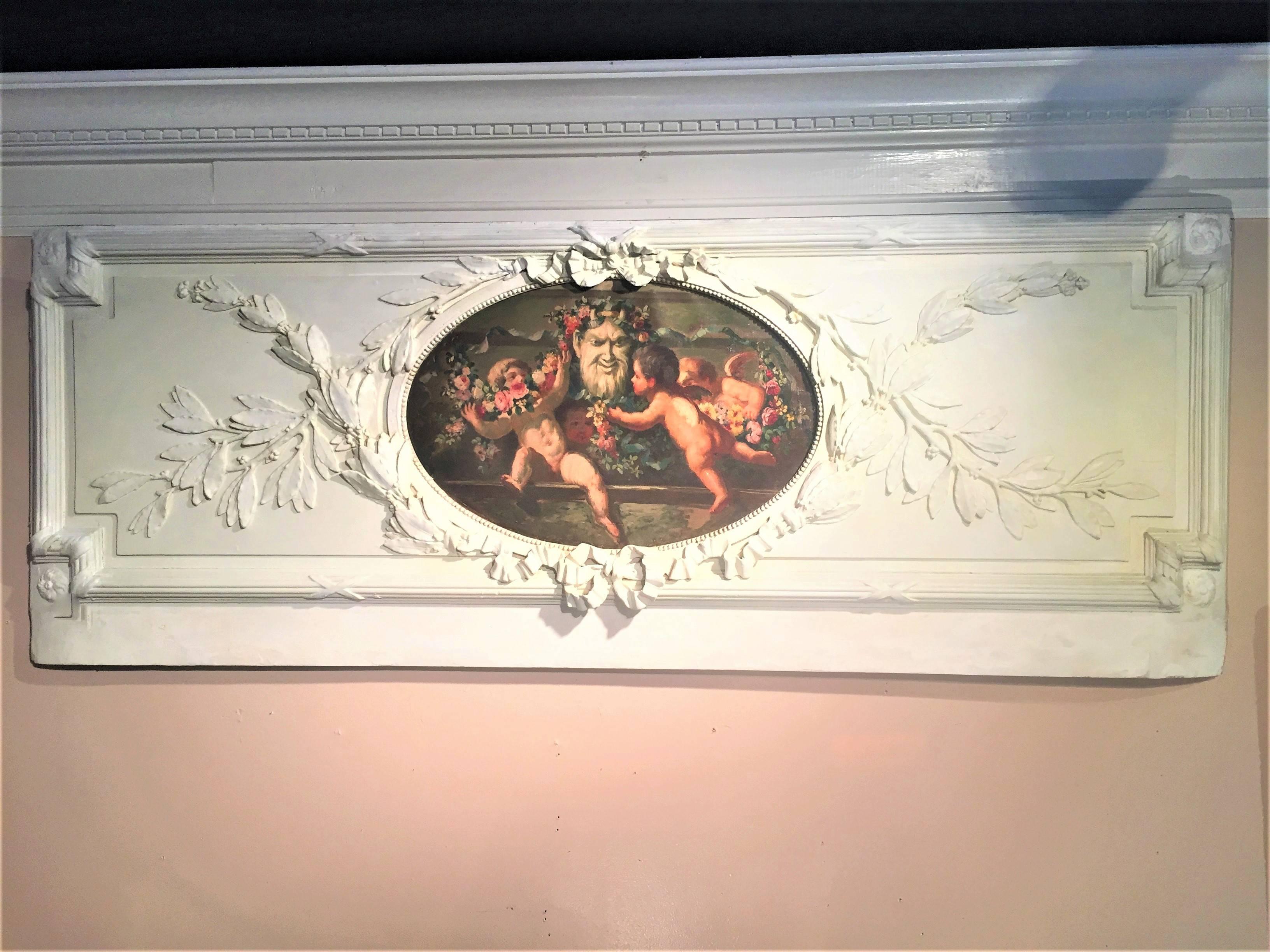 Carved and Painted Boiserie Overdoor Frieze Panel with Cherubs Oil Inset 3