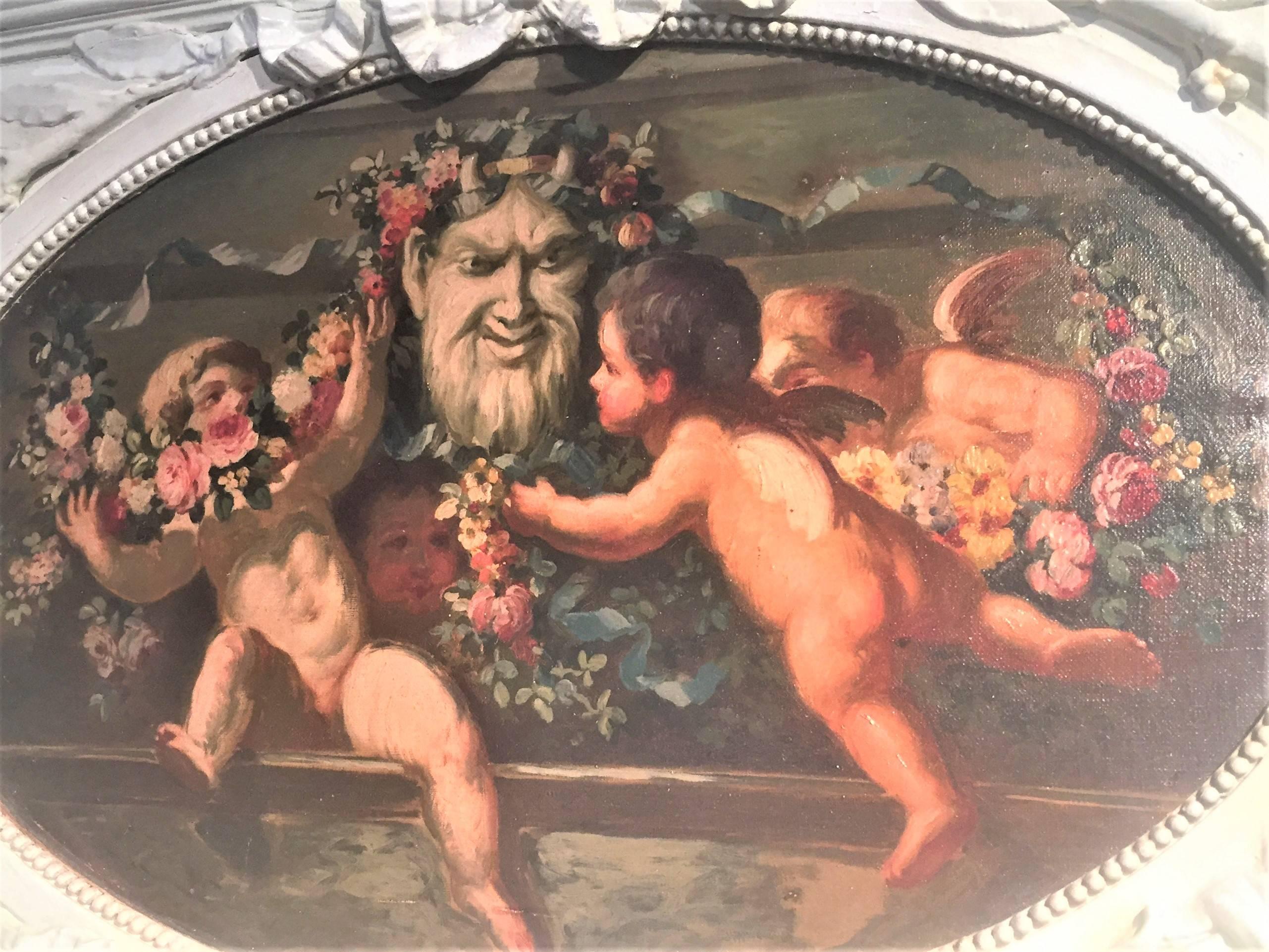 Louis XVI Carved and Painted Boiserie Overdoor Frieze Panel with Cherubs Oil Inset