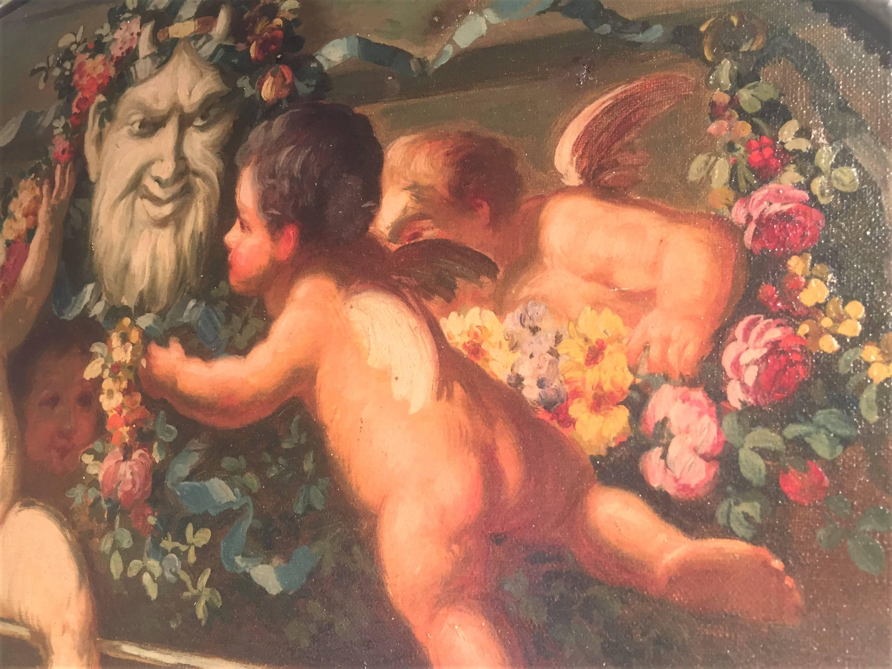 Early 20th Century Carved and Painted Boiserie Overdoor Frieze Panel with Cherubs Oil Inset