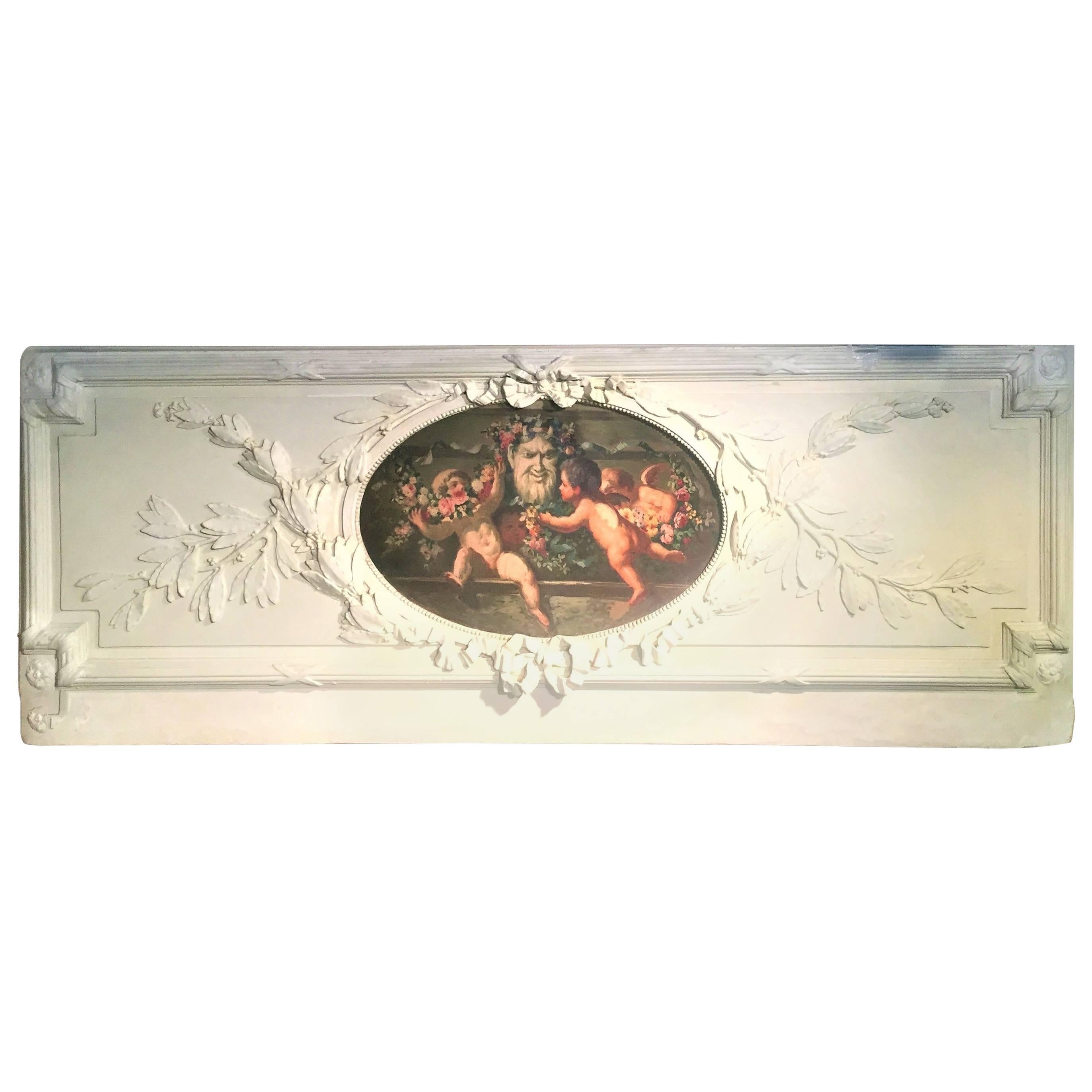 Carved and Painted Boiserie Overdoor Frieze Panel with Cherubs Oil Inset