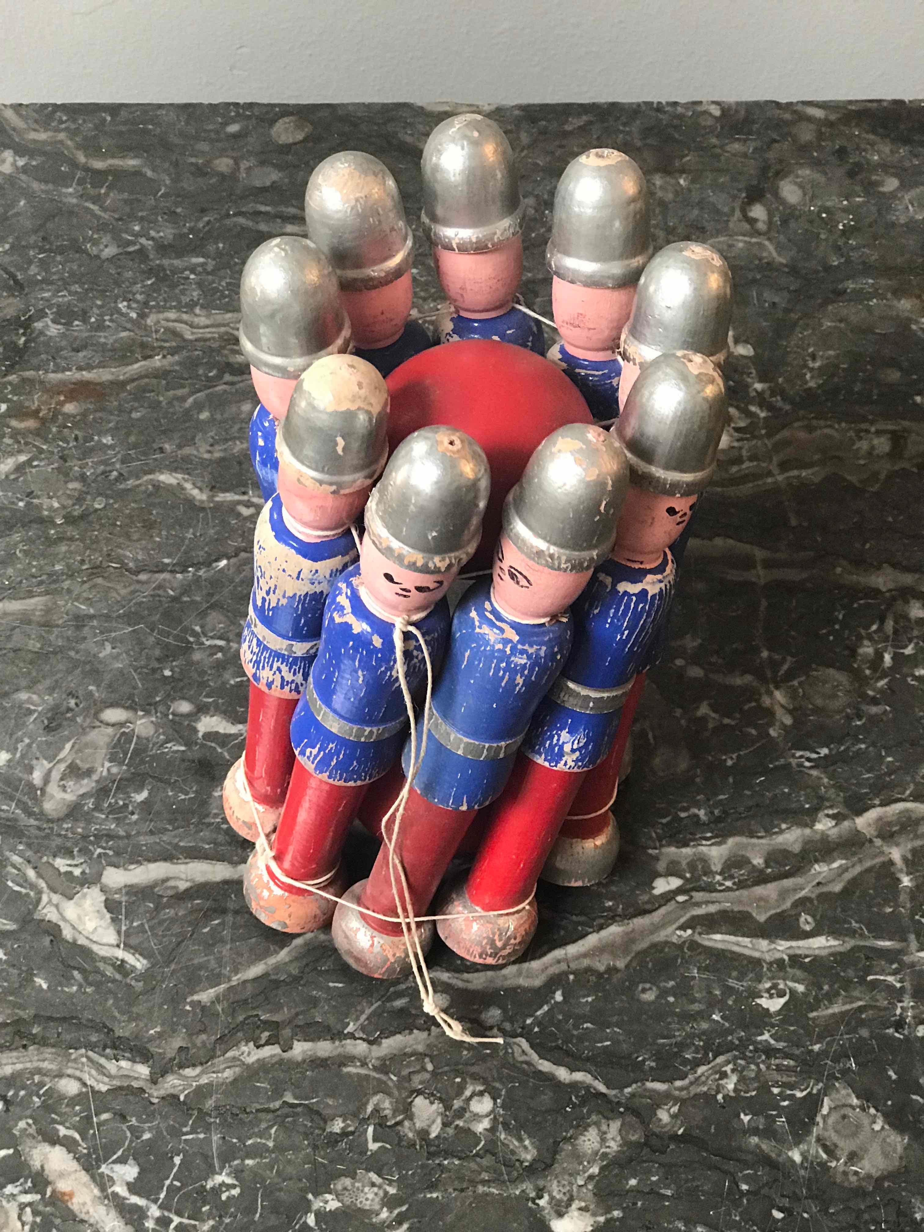 English Carved and Painted Children's Toy Skittle Game Set from England Circa 1940