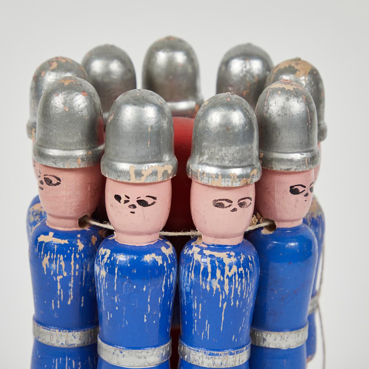 English Carved and Painted Children's Toy Skittle Game Set from England, circa 1940 For Sale