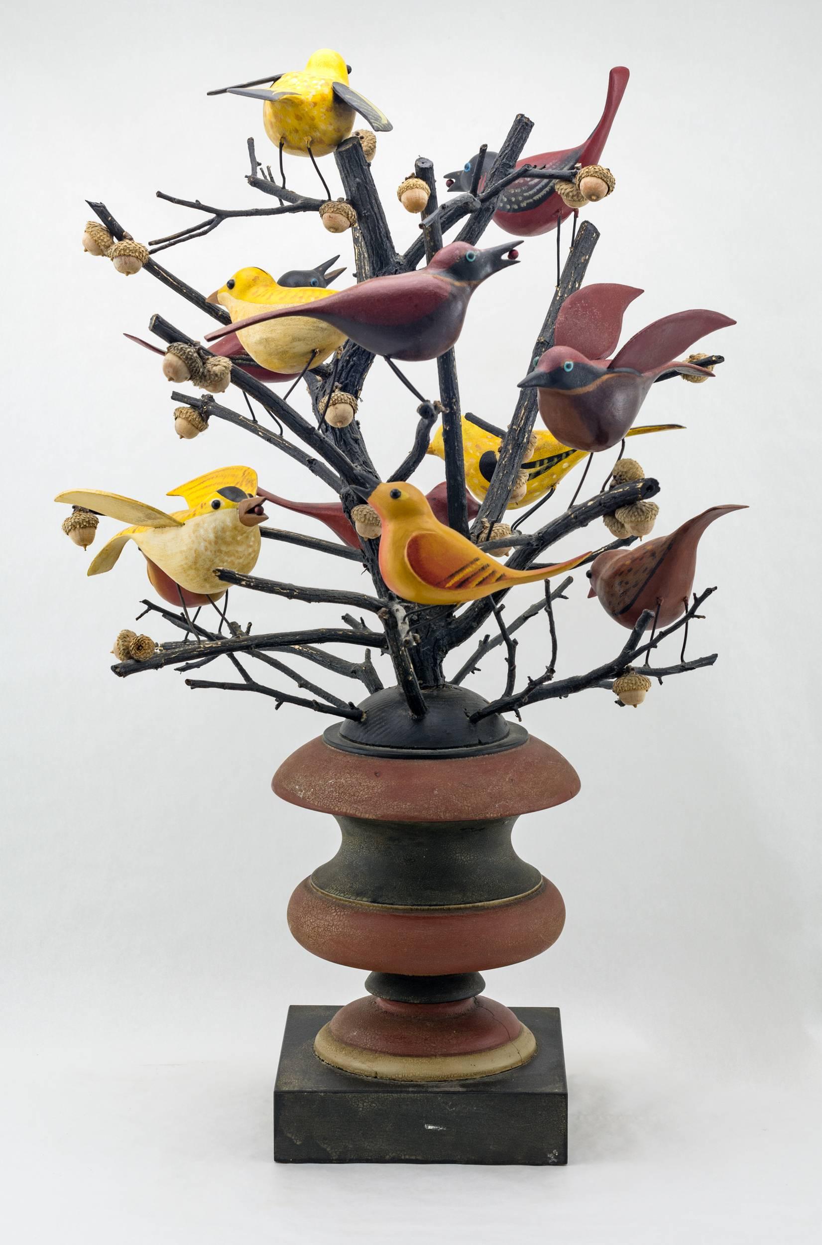 American Carved and Painted Colorful Bird Tree