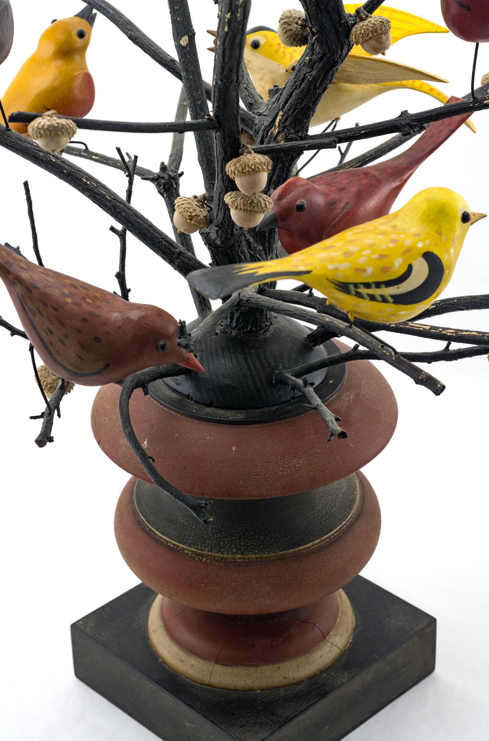 20th Century Carved and Painted Colorful Bird Tree