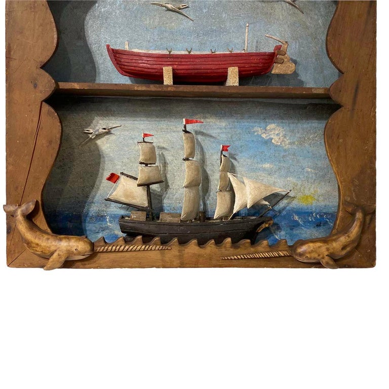 Folk Art Carved and Painted Double Diorama of a Whaleship and Whaleboat by Frank Finney