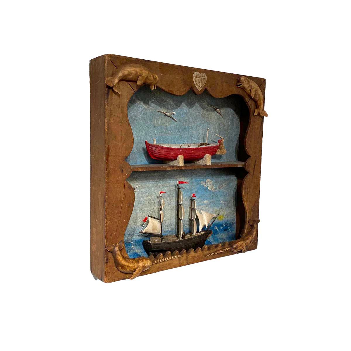 Folk Art Carved and Painted Double Diorama of a Whaleship and Whaleboat by Frank Finney