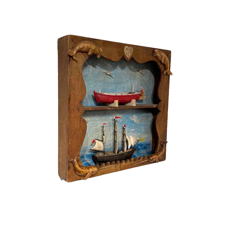 American Carved and Painted Double Diorama of a Whaleship and Whaleboat by Frank Finney
