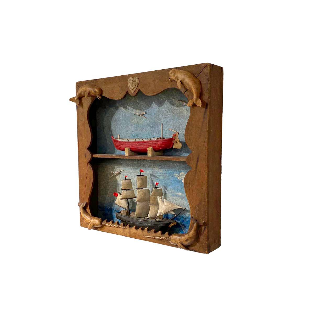 American Carved and Painted Double Diorama of a Whaleship and Whaleboat by Frank Finney